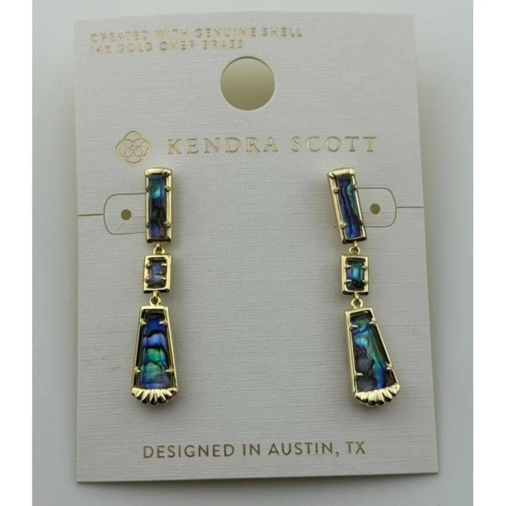 Kendra Scott Serena Linear Dangle Earrings Abalone Shell Gold Tone - Picture 1 of 11